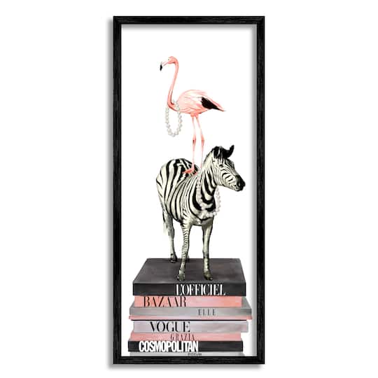 Stupell Industries Fashion Flamingo Zebra Glam Book Stack Pearls Framed Wall Art